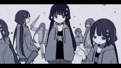 Rule 34 | 1girl, :|, anzu (ipodchan), blunt bangs, bright pupils, clone, closed mouth, collarbone, commentary, facing viewer, from behind, greyscale, hair ornament, hairclip, half-closed eyes, hands in pockets, highres, holding, holding umbrella, hood, hood down, hoodie, inabakumori, kanji, letterboxed, long hair, looking at viewer, low twintails, monochrome, open clothes, open hoodie, osage (nukunuku nigirimeshi), out of frame, outstretched arms, outstretched hand, parted lips, pleated skirt, print shirt, rain, shirt, shoes, sidelocks, skirt, sleeves past wrists, sneakers, spread arms, texture, translated, twintails, umbrella, water drop, white pupils