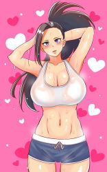 Rule 34 | 1girl, arms behind head, black hair, blue eyes, boku no hero academia, breasts, cleavage, collarbone, heart, highres, huge breasts, long hair, looking at viewer, navel, open mouth, parted lips, pink background, ponytail, shiny skin, short shorts, shorts, solo, sports bra, stomach, sumire river, sweat, thighs, yaoyorozu momo