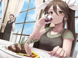 Rule 34 | 1boy, 1girl, alcohol, alternate costume, blue sky, brown eyes, brown hair, casual, cloud, cup, drinking, drinking glass, dutch angle, food, hair between eyes, hair ribbon, highres, honmakaina kudou, kantai collection, long hair, meat, ribbon, sky, tone (kancolle), twintails, upper body, waiter, window, wine, wine glass