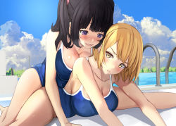 Rule 34 | 2girls, :d, black hair, blonde hair, blue one-piece swimsuit, blue sky, blush, breasts, cleavage, cloud, competition school swimsuit, highres, large breasts, multiple girls, one-piece swimsuit, open mouth, original, outdoors, pool, poolside, purple eyes, school swimsuit, short hair, sky, smile, spread legs, stretched limb, swimsuit, untue, wet, yuri
