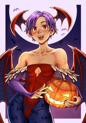 Rule 34 | 1girl, animal print, bat (animal), bat print, bat wings, breasts, bridal gauntlets, cleavage cutout, clothing cutout, collarbone, commentary, demon girl, effy neprin, english commentary, food, full moon, head wings, heart, heart-shaped pupils, highres, holding, holding food, holding pumpkin, holding vegetable, jack-o&#039;-lantern, leotard, lilith aensland, low wings, moon, pantyhose, print pantyhose, pumpkin, purple pantyhose, red eyes, red leotard, red lips, red nails, sharp teeth, small breasts, solo, strapless, strapless leotard, symbol-shaped pupils, teeth, vampire (game), vegetable, wings