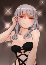 Rule 34 | 1girl, bare arms, bare shoulders, breasts, brown eyes, carmilla (fate), cleavage, collarbone, colored eyelashes, fate/grand order, fate (series), grey hair, half-closed eyes, hand up, highres, i.u.y, long hair, medium breasts, navel, o-ring, parted lips, revealing clothes, solo, stage lights