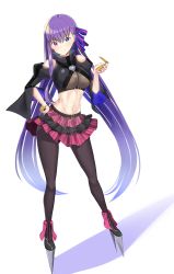 Rule 34 | 1girl, alternate costume, bb (fate), bb (fate/extra), black pantyhose, blue eyes, breasts, fate/grand order, fate (series), full body, fusion, hair ribbon, hand on own hip, heterochromia, highres, i.f.s.f, legs apart, long hair, looking at viewer, meltryllis (fate), midriff, miniskirt, navel, pantyhose, passionlip (fate), purple hair, ribbon, simple background, skirt, standing, stomach, type-moon, underboob, very long hair, white background