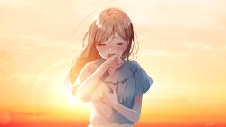 Rule 34 | 1girl, aoi hibi ni sayonara wo, blue shirt, blush, brown hair, casual, closed eyes, covering own mouth, crying, day, facing viewer, gradient sky, hair ornament, hairpin, hanako151, hand over own mouth, hand to own mouth, long hair, multicolored sky, open mouth, orange sky, parted bangs, shirt, short sleeves, signature, sky, solo, sun, sunlight, teardrop, twilight, upper body, yellow sky