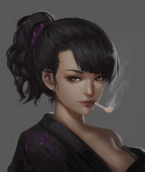 Rule 34 | 1girl, bare shoulders, black hair, breasts, cigarette, cleavage, face, high ponytail, jiam009, mole, mole under eye, original, smoke, smoking, solo