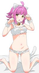 Rule 34 | 1girl, ahoge, animal ears, bare legs, barefoot, bed sheet, bell, blunt bangs, blunt ends, blush, bra, breasts, cat ears, cat tail, choker, cleavage, clenched hands, clothing cutout, eyelashes, fake animal ears, fake tail, frilled bra, frilled choker, frilled panties, frilled wristband, frills, half-closed eyes, hands up, heart cutout, highres, jingle bell, kneeling, legs, lingerie, looking at viewer, love live!, love live! nijigasaki high school idol club, navel, on bed, open mouth, panties, paw pose, pink hair, poizun (user wmgk4287), short hair, sidelocks, small breasts, solo, stomach, tail, tennoji rina, thighs, underwear, white background, white bra, white choker, white panties, yellow eyes