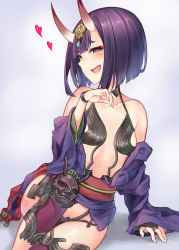 Rule 34 | 1girl, bare shoulders, blush, bob cut, breasts, bridal gauntlets, eyeliner, fang, fate/grand order, fate (series), headpiece, heart, heart-shaped pupils, highres, hikimayu, horns, japanese clothes, kamidanomi, kimono, knee up, looking at viewer, makeup, obi, oni, open clothes, open kimono, open mouth, purple eyes, purple hair, purple kimono, revealing clothes, sash, short hair, short kimono, shuten douji (fate), sitting, skin-covered horns, small breasts, smile, solo, symbol-shaped pupils