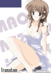 Rule 34 | 1girl, bare legs, bare shoulders, blunt bangs, braid, breasts, brown eyes, brown hair, cleavage, comic, eyebrows, hair over shoulder, kimi kiss, knee up, looking at viewer, mizusawa mao, off shoulder, simple background, solo, strap slip, tsukishima kai, twin braids, twintails, white background