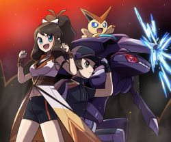 Rule 34 | 1boy, 1girl, :d, antenna hair, black gloves, black headwear, black shirt, black shorts, breasts, brown eyes, brown gloves, brown hair, cleavage, closed mouth, commentary request, creatures (company), eyelashes, frown, game freak, gen 5 pokemon, genesect, gloves, green eyes, hand on headwear, hands up, hat, highres, hilbert (pokemon), hilbert (sygna suit) (pokemon), hilda (pokemon), hilda (sygna suit) (pokemon), legendary pokemon, medium breasts, mythical pokemon, navel, nintendo, official alternate costume, open mouth, pants, pokemon, pokemon (creature), pokemon masters ex, ponytail, purple pants, saon101, shirt, short hair, shorts, sidelocks, smile, victini, zipper pull tab