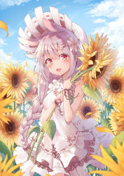 Rule 34 | 1girl, :d, animal ears, armpit crease, bad id, bad pixiv id, bare arms, bare shoulders, blue sky, blurry, blurry foreground, blush, bow, braid, breasts, bubble, cleavage, cloud, cloudy sky, cowboy shot, day, depth of field, detached collar, dress, flower, hair bow, hair flower, hair ornament, hairclip, hat, highres, holding, holding flower, long hair, looking at viewer, medium breasts, momingie, open mouth, original, outdoors, rabbit ears, red eyes, ribbon, ribbon trim, sidelocks, silver hair, single braid, sky, sleeveless, sleeveless dress, smile, solo, sunflower, tareme, very long hair, white dress, white flower, white hat, wrist ribbon