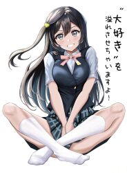 Rule 34 | 1girl, absurdres, black hair, blush, breasts, commentary, commentary request, full body, grey eyes, grin, hair ornament, hairclip, highres, indian style, large breasts, long hair, looking at viewer, love live!, love live! nijigasaki high school idol club, nijigasaki academy school uniform, no shoes, one side up, school uniform, sitting, smile, socks, solo, translation request, white background, white socks, yuki setsuna (love live!), zaofeng
