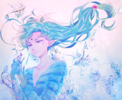 Rule 34 | 1boy, bad id, bad pixiv id, bishoujo senshi sailor moon, blue eyes, blue hair, bubble, collarbone, earrings, expressionless, facial mark, fish, fish eye (sailor moon), forehead mark, jewelry, long hair, low-tied long hair, male focus, matching hair/eyes, nail polish, name connection, object namesake, pointy ears, red nails, saki (hxaxcxk), solo, upper body