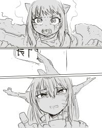 Rule 34 | 2girls, 3koma, absurdres, abyssal ship, blush, clenched teeth, collar, comic, commentary, constricted pupils, crying, crying with eyes open, facial scar, fangs, gloves, greyscale, hair between eyes, headgear, highres, horns, kantai collection, long hair, looking at viewer, monochrome, multiple girls, nagato (kancolle), northern ocean princess, open mouth, poyo (hellmayuge), scar, scar on cheek, scar on face, sleeveless, smoke, tears, teeth