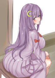 Rule 34 | 1girl, absurdres, ass, blush, bow, breasts, crescent, crescent hair ornament, dress, from above, from behind, full body, hair bow, hair ornament, hand on own knee, highres, indoors, kuraki, large breasts, leaning forward, long hair, long sleeves, looking at viewer, patchouli knowledge, pleated dress, purple dress, purple eyes, purple hair, red bow, sitting, solo, touhou, wide sleeves