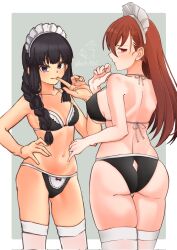 Rule 34 | 2girls, alternate costume, ass, ass cutout, bikini, black bikini, border, braid, braided ponytail, breasts, brown hair, butt crack, cleavage, closed mouth, clothing cutout, commentary request, cowboy shot, dress, enmaided, frilled bikini, frills, from behind, grey background, hand on own hip, highres, jewelry, kantai collection, kitakami (kancolle), long hair, looking at viewer, looking back, maid, maid bikini, maid headdress, medium breasts, mochizou, multiple girls, navel, ooi (kancolle), purple eyes, red eyes, ring, signature, smile, swimsuit, thighhighs, twitter username, unconventional maid, wedding ring, white border, white thighhighs