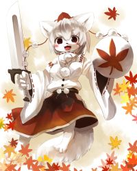 Rule 34 | 1girl, animal ears, blush, breasts, covered erect nipples, furrification, furry, furry female, hat, inubashiri momiji, kishibe, leaf, looking at viewer, medium breasts, open mouth, shield, short hair, skirt, smile, solo, sword, tail, tokin hat, touhou, weapon, white hair, wolf ears, wolf tail