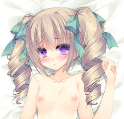 Rule 34 | 1girl, absurdres, bad id, bad pixiv id, bed sheet, blush, breasts, brown hair, collarbone, drill hair, hair ribbon, highres, long hair, looking at viewer, lying, nipples, on back, original, parted lips, purple eyes, ribbon, satsuki misuzu, small breasts, solo, topless, twin drills, twintails