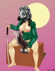 Rule 34 | 1girl, 2019, animal penis, bobawob, bottomless, breasts, breasts out, corey (hotline miami 2), cum, ejaculation, erection, functionally nude, futanari, handsfree ejaculation, highres, horse penis, hotline miami, hotline miami 2, huge penis, large breasts, mask, masked, masked female, medium breasts, nipples, open clothes, penis, sitting, solo, spread legs, sword, testicles, weapon
