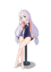Rule 34 | covered navel, crossed legs, cup, drinking, full body, highres, legs, long hair, low-tied long hair, one-piece swimsuit, purple eyes, school swimsuit, silver hair, simple background, sitting, smile, solo, soulworker, stella, stool, straw, swimsuit, thighhighs, twintails, wet, wet clothes, white background, white thighhighs
