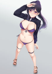 Rule 34 | 1girl, bikini, black hair, blush, breasts, cleavage, closed mouth, commission, from above, grey background, hand up, kauru00, large breasts, long hair, looking at viewer, looking up, navel, original, ponytail, purple bikini, purple eyes, sandals, shrug (clothing), simple background, solo, stomach, striped bikini, striped clothes, swimsuit, thigh strap
