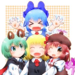 Rule 34 | &gt; &lt;, blonde hair, blue hair, breasts, brown eyes, cirno, closed eyes, closed mouth, green eyes, green hair, long sleeves, looking at another, looking at viewer, matty (zuwzi), mystia lorelei, open mouth, red hair, rumia, team 9, touhou, wriggle nightbug