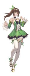 Rule 34 | 1girl, absurdres, breasts, brown hair, detached sleeves, dress, frilled dress, frills, full body, green dress, green eyes, hair ribbon, highres, looking at viewer, magical girl, medium breasts, original, ponytail, ribbon, shen hai ichigo, solo, thighhighs, white background