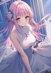 Rule 34 | 1girl, bare arms, bare shoulders, blue archive, breasts, dress, feathered wings, flower, hair bun, hair flower, hair ornament, halo, highres, kuro futoshi, large breasts, long hair, looking at viewer, mika (blue archive), pink hair, single side bun, sleeveless, sleeveless dress, smile, solo, white dress, wings, yellow eyes
