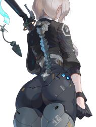 Rule 34 | 1girl, absurdres, ass, black gloves, black jacket, breasts, clenched hand, cropped jacket, cyborg, from behind, gloves, grey hair, highres, jacket, large breasts, mechanical legs, mechanical parts, mechanical spine, original, science fiction, short hair, solo, weapon, yunimaru