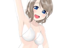Rule 34 | 10s, 1girl, arm up, armpits, bare shoulders, bikini, blush, breasts, grey hair, highres, large breasts, looking at viewer, love live!, love live! sunshine!!, medium hair, n61nor, open mouth, sideboob, simple background, smile, solo, swimsuit, upper body, watanabe you, white background, white bikini