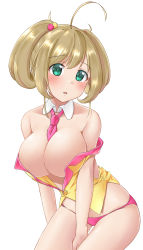 Rule 34 | 1girl, ahoge, aimobake, bad id, bad twitter id, between breasts, blush, bow, breasts, brown hair, character request, collar, commentary, copyright request, detached collar, green eyes, hair bow, head tilt, highres, invisible chair, large breasts, looking at viewer, necktie, no bra, off shoulder, one side up, panties, parted lips, pink necktie, pink panties, sato shin, short hair, simple background, sitting, solo, underwear, vest, vest pull, white background, white collar, wing collar, yellow vest