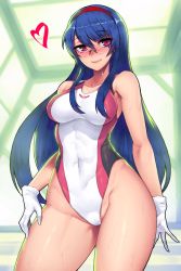 Rule 34 | 1girl, bare shoulders, blue hair, blush, breasts, commentary request, competition swimsuit, covered navel, curvy, eyebrows, gakuen taisen valkyries, glasses, gloves, highleg, highleg swimsuit, jjune, large breasts, long hair, looking at viewer, one-piece swimsuit, red eyes, rei no pool, rimless eyewear, sabra greengold, smile, solo, swimsuit, wet, white gloves, wide hips