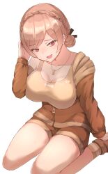 Rule 34 | 1girl, black ribbon, bone print, braid, breasts, brown hair, brown jacket, brown shorts, brown socks, brown sports bra, crown braid, dog tags, double bun, french braid, fur jacket, furen e lustario, furen e lustario (5th costume), hair bun, hair ribbon, hand on own head, highres, jacket, jewelry, large breasts, long sleeves, looking at viewer, necklace, nijisanji, nyame (jujs7258), open mouth, partially unzipped, red eyes, ribbon, seiza, short shorts, shorts, simple background, single bare shoulder, sitting, smile, socks, solo, sports bra, swept bangs, thighs, virtual youtuber, white background, zipper pull tab