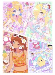 3girls bikini blonde_hair blue_eyes brown_hair earrings eyewear_on_head food fruit highres jewelry long_hair looking_at_viewer luma_(mario) mario_(series) meowwniz multiple_girls nintendo one_eye_closed pineapple princess_daisy princess_peach rosalina smile sphere_earrings star_(symbol) sunglasses swimsuit toad_(mario)