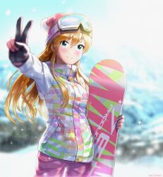 Rule 34 | 1girl, absurdres, blue eyes, blurry, blurry background, blush, braid, breasts, brown hair, closed mouth, cowboy shot, dot nose, goggles, goggles on head, hat, highres, holding snowboard, idolmaster, idolmaster million live!, idolmaster million live! theater days, jacket, kousaka umi, light particles, long hair, long sleeves, looking at viewer, medium breasts, multicolored clothes, multicolored jacket, outdoors, pants, pink pants, print jacket, reaching, reaching towards viewer, red hat, rock, smile, snow, snowboard, solo, standing, twin braids, twitter username, two-tone gloves, u8 sc38x4, v