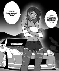 Rule 34 | 1girl, absurdres, camisole, car, choker, collarbone, commentary, dark-skinned female, dark skin, detached sleeves, english commentary, english text, greyscale, hair behind ear, highres, looking at viewer, midriff, monochrome, motor vehicle, mountain, navel, nissan, nissan 350z, nissan fairlady z, original, pantyhose, short shorts, shorts, sketch, smug, solo, speech bubble, sports car, torn clothes, torn pantyhose, vee (427deer)