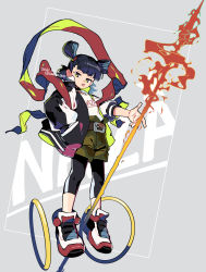 Rule 34 | 1boy, belt, black pantyhose, camouflage, camouflage shorts, character name, dated, double bun, fire, floating, full body, hair bun, hand in pocket, highres, hoop, jacket, pantyhose under shorts, nezha (the legend of luoxiaohei), pantyhose, polearm, shoes, shorts, solo, spear, luo xiaohei zhanji, tongue, tongue out, twitter username, vox, weapon
