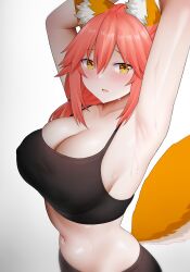 Rule 34 | 1girl, alternate costume, animal ears, arind yudha, armpits, arms up, black pants, black sports bra, breasts, cleavage, collarbone, covered erect nipples, fate/grand order, fate (series), fox ears, fox tail, hair over shoulder, highres, large breasts, looking at viewer, navel, pants, pink hair, sideboob, simple background, solo, sports bra, sweatdrop, tail, tamamo (fate), tamamo no mae (fate/extra), white background