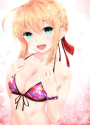 Rule 34 | 1girl, :d, ahoge, bikini, bilibala, blonde hair, braid, braided bun, breasts, camouflage, camouflage bikini, cleavage, collarbone, falling petals, fate/apocrypha, fate (series), front-tie bikini top, front-tie top, green eyes, hair between eyes, hair bun, hair intakes, hair ribbon, halterneck, highres, looking at viewer, medium breasts, mordred (fate), mordred (fate/apocrypha), multicolored bikini, multicolored clothes, nero claudius (fate), nero claudius (fate) (all), nero claudius (fate/extra), official alternate costume, open mouth, patreon logo, petals, pink bikini, print bikini, red ribbon, ribbon, short hair with long locks, sidelocks, smile, solo, standing, stomach, swimsuit, teeth, upper body, upper teeth only