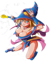 Rule 34 | 1girl, bare legs, bare shoulders, blonde hair, boots, breasts, dark magician girl, duel monster, female focus, hat, large breasts, legs, long hair, magical girl, moz (gosgo), skirt, smile, solo, wand, wizard hat, yu-gi-oh!, yuu-gi-ou, yu-gi-oh! duel monsters