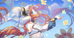 Rule 34 | 1girl, absurdly long hair, blue eyes, blue sky, blue sleeves, breasts, brown hair, cat princess, day, detached sleeves, floating hair, flower, genshin impact, long hair, long sleeves, looking up, multicolored sleeves, nail polish, nilou (genshin impact), orange nails, outdoors, parted lips, sky, small breasts, solo, twintails, underboob, upper body, very long hair, white sleeves, yellow flower