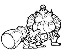 1boy armor borrowed_weapon creatures_(company) crossover dark_souls_(series) dark_souls_i executioner_smough full_armor game_freak hammer holding holding_hammer holding_weapon lineart monochrome name_omoitukan2 nintendo pokemon pokemon_(creature) simple_background thick_lineart tinkaton weapon weapon_connection white_background