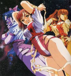 Rule 34 | 1980s (style), 3girls, amano kazumi, arms behind back, arms up, artbook, ass, bodysuit, bow, breasts, covering own mouth, hair bow, hand over mouth, hand over own mouth, headband, jung freud, legs, leotard, medium breasts, mikimoto haruhiko, multiple girls, oldschool, red leotard, retro artstyle, space, swimsuit, swimsuit under clothes, takaya noriko, thighs, top wo nerae!