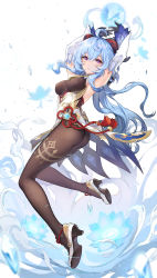 Rule 34 | 1girl, ahoge, ass, bell, black gloves, blue hair, bodystocking, bodysuit, brown bodysuit, brown leotard, chinese knot, cocoon (loveririn), cowbell, detached sleeves, dynamic pose, flower, flower knot, ganyu (genshin impact), genshin impact, gloves, goat horns, gold trim, highres, horns, leotard, leotard under clothes, low ponytail, magic, pantyhose, purple eyes, solo, vision (genshin impact)