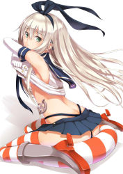 Rule 34 | 10s, 1girl, anchor, ass, black panties, blonde hair, blush, breasts, clothes lift, elbow gloves, gloves, green eyes, hair ornament, hairband, innertube, kantai collection, long hair, looking at viewer, looking back, navel, neropaso, panties, pantyshot, personification, rensouhou-chan, shimakaze (kancolle), shirt lift, simple background, sitting, skirt, small breasts, solo, striped clothes, striped thighhighs, swim ring, thighhighs, thong, underboob, underwear, upskirt, wariza, white background, white gloves