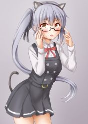 Rule 34 | 1girl, adjusting eyewear, animal ears, anti (untea9), bespectacled, black-framed eyewear, blush, bow, buttons, cat ears, cat tail, double-breasted, extra ears, glasses, grey background, grey hair, highres, kantai collection, kasumi (kancolle), looking at viewer, one-hour drawing challenge, open mouth, red bow, semi-rimless eyewear, side ponytail, simple background, solo, tail, thighs, yellow eyes