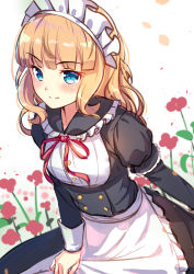 Rule 34 | &gt;:), 1girl, apron, bad id, bad pixiv id, black dress, blunt bangs, blush, brown hair, closed mouth, collared dress, commentary request, dress, flower, frilled apron, frilled shirt collar, frills, layered sleeves, long hair, long sleeves, maid, maid headdress, neck ribbon, original, puffy short sleeves, puffy sleeves, red flower, red ribbon, revision, ribbon, short over long sleeves, short sleeves, solo, v-shaped eyebrows, waist apron, white apron, white background, yan (nicknikg)