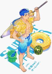 Rule 34 | 1boy, alternate costume, blue hair, cu chulainn (fate), cu chulainn (fate/stay night), earrings, fate/stay night, fate (series), full body, hal (haaaalhal), jewelry, long hair, looking at viewer, male focus, ponytail, red eyes, solo, white background