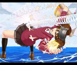 Rule 34 | 1girl, afloat, brown eyes, brown hair, bullet time, infinote, kantai collection, leaning back, letterboxed, long hair, matrix, onmyouji, parody, ryuujou (kancolle), scroll, shikigami, short hair, skirt, solo, standing, standing on liquid, the matrix, twintails, visor cap