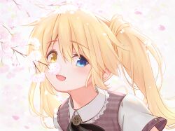Rule 34 | 1girl, :d, alternate costume, backlighting, black ribbon, blonde hair, blue eyes, blurry, blush, brown vest, casual, cherry blossoms, close-up, commentary request, day, depth of field, eyelashes, fang, hair between eyes, head tilt, heterochromia, long hair, looking at viewer, looking to the side, nakatsu shizuru, open mouth, outdoors, rewrite, ribbon, shirt, simple background, smile, solo, spring (season), tagame (tagamecat), twintails, vest, white shirt, yellow eyes