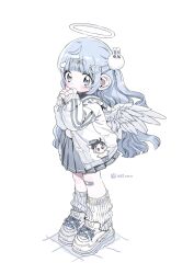 Rule 34 | 1girl, angel, angel wings, bandaid, bandaid on knee, bandaid on leg, blue eyes, blue hair, blue skirt, blunt bangs, blush, closed mouth, commentary request, feathered wings, full body, hair ornament, hairpin, halo, heart, heart hair ornament, jacket, long hair, long sleeves, looking at viewer, loose socks, original, own hands together, pleated skirt, rabbit hair ornament, shoes, simple background, skirt, sneakers, socks, solo, standing, track jacket, white background, white footwear, white jacket, white socks, white wings, wings, wolrero